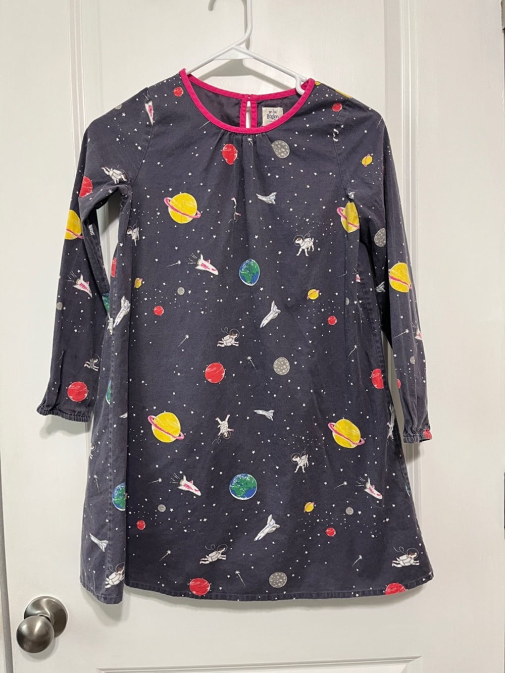 Mini Boden Sprout in Space Long Sleeve Cotton Dress Sz 9-10Y